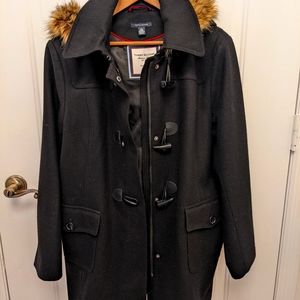 Tommy Hilfiger Black Toggle Faux Fur Removable Hood Wool-Blended Coat